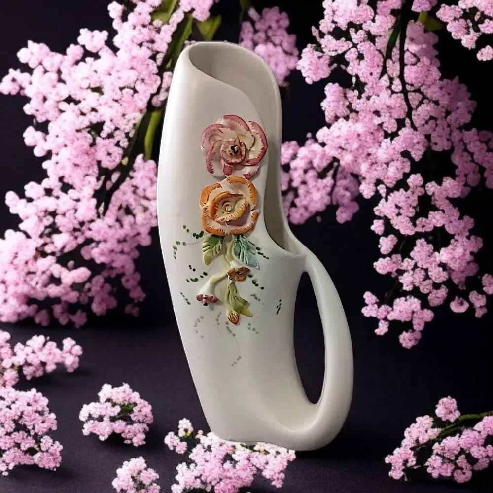 Vtg Applied Flowers Porcelain Vase Pitcher Abstract Handpainted Art Deco Nouveau